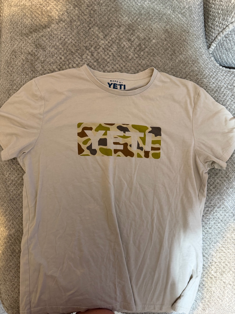 Yeti Beige Short Sleeve Tee with Green and Brown Camo Logo